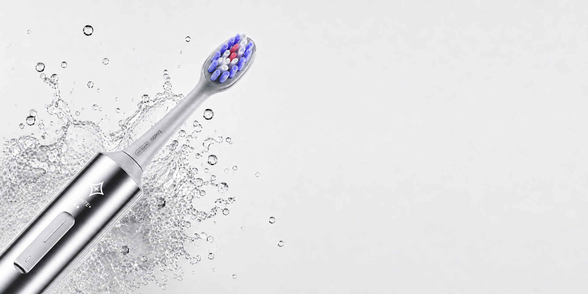 Close view of a purple-bristled toothbrush head with water droplets
