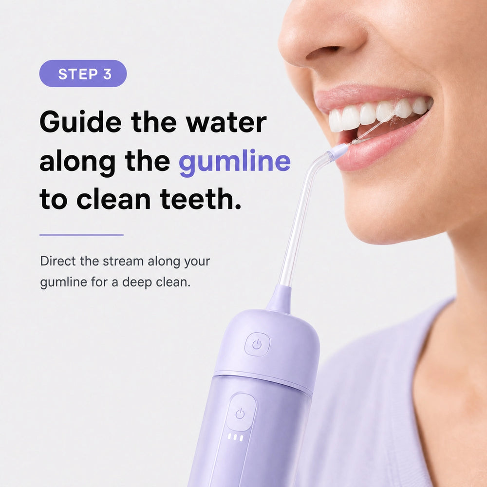 Guide a water flosser stream along the gumline