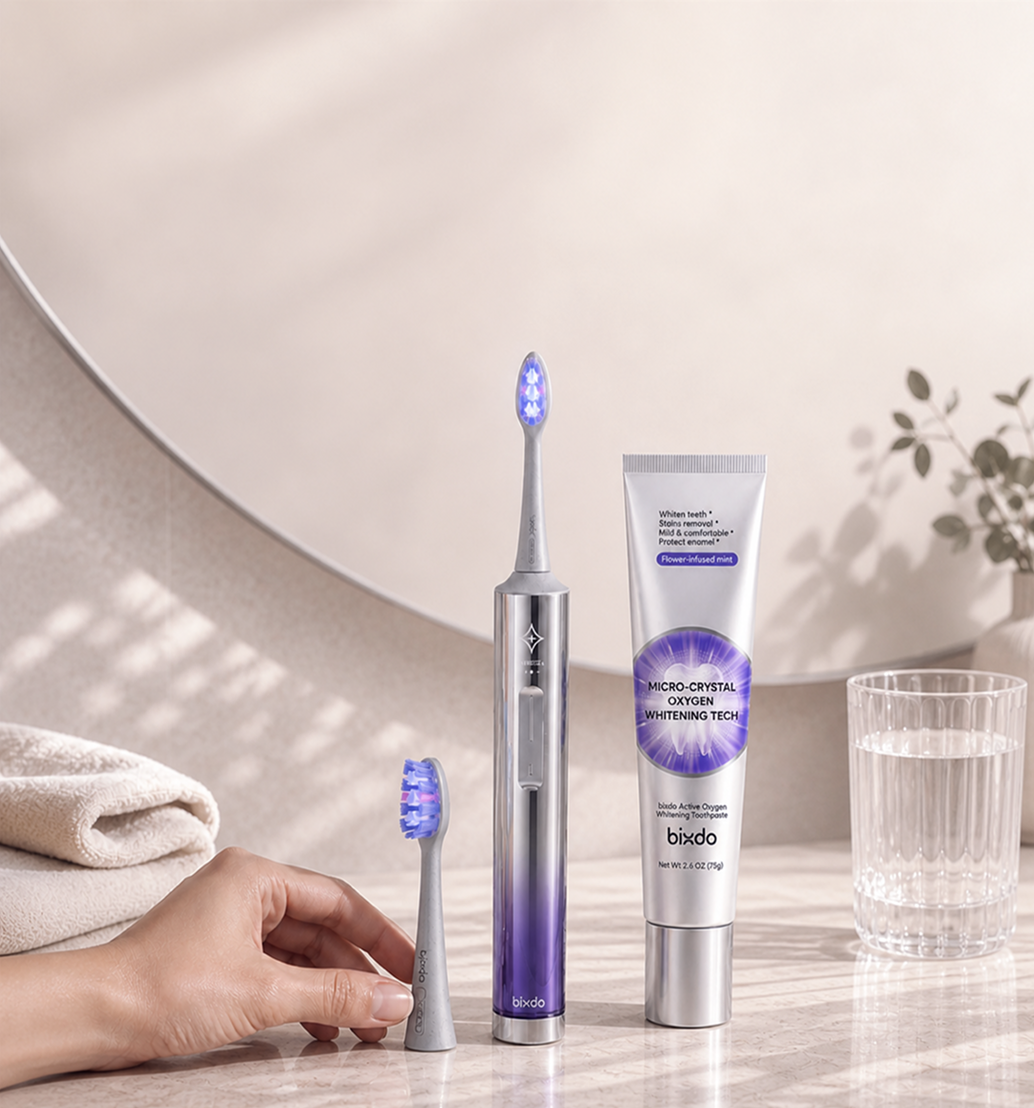 Glossonic brush in a bathroom routine