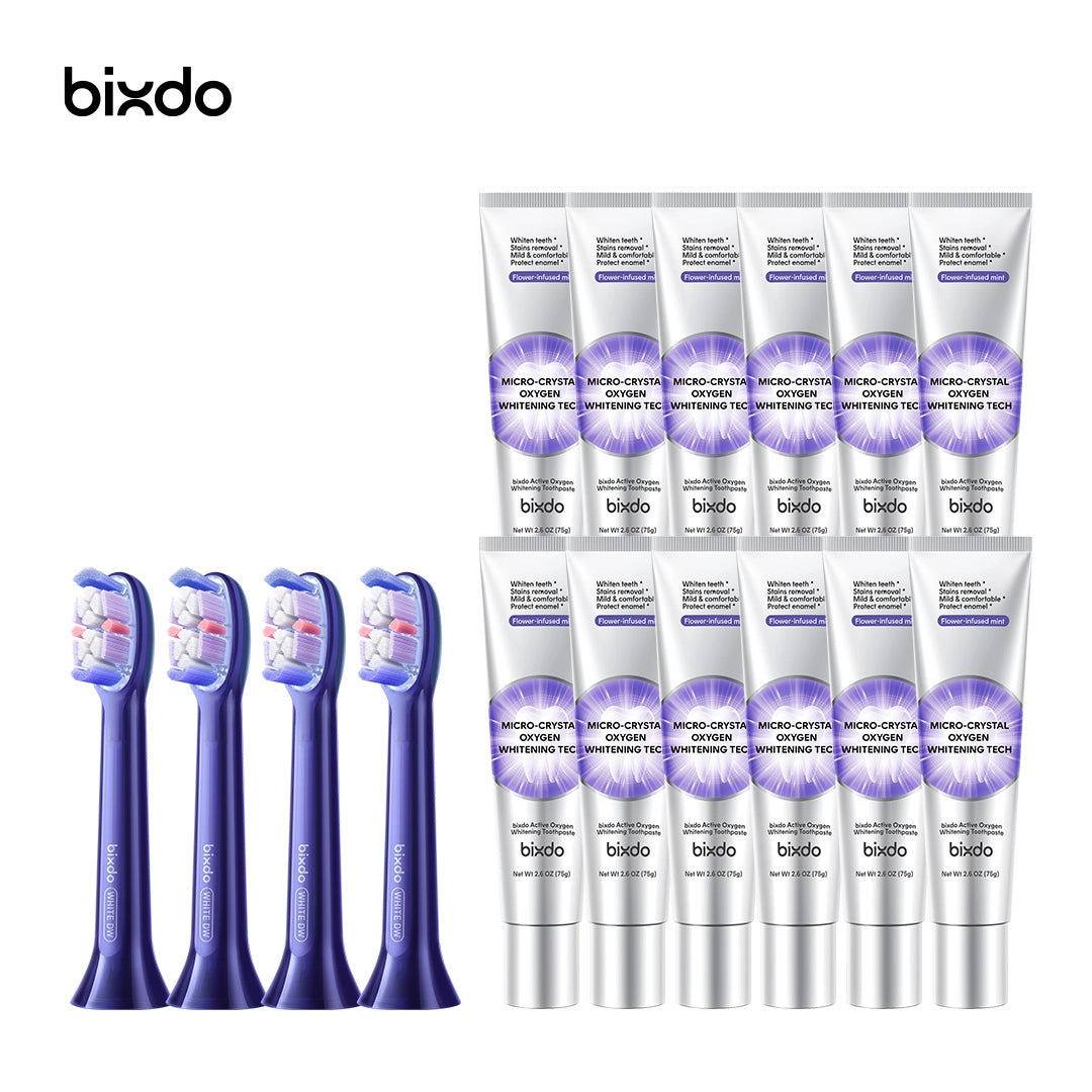 bixdo® Glossonic™ Whitening Care Bundle | 16 Toothpaste + 4 Brush Heads