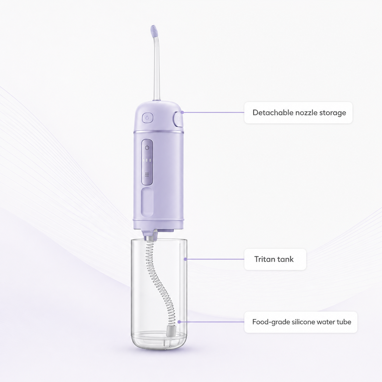 A30 Pro Tritan tank, Ag+ water tube, and detachable nozzle storage
